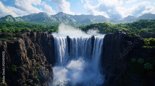 Majestic Waterfall Cascading Through Lush Green Landscape at Sunrise