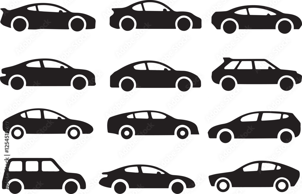 Various Car Front and Side Views in Outline Style Various Car Front and Side Views in Outline Style