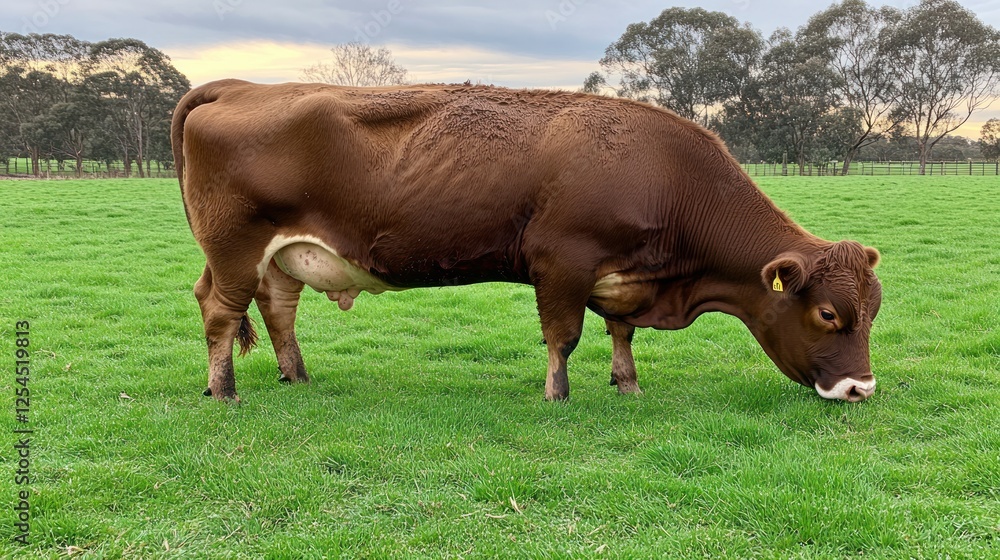 Brown bull grazing pasture, rural farmland sunset Brown bull grazing pasture, rural farmland sunset