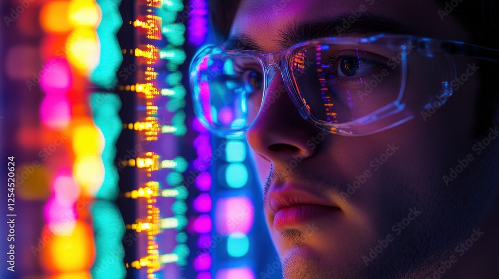 A researcher examining DNA sequences in a state-of-the-art genomics lab A researcher examining DNA sequences in a state-of-the-art genomics lab