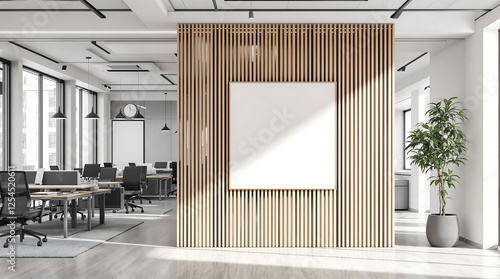 Modern office interior with a wood slat accent wall and a blank square poster. Use for mockups, showcasing interior design, or corporate branding. Open-plan workspace with natural light.

