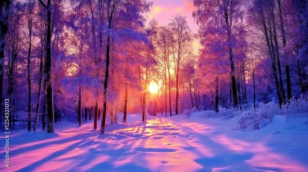Naklejka premium Snowy forest sunset path; winter wonderland scene, ideal for calendars