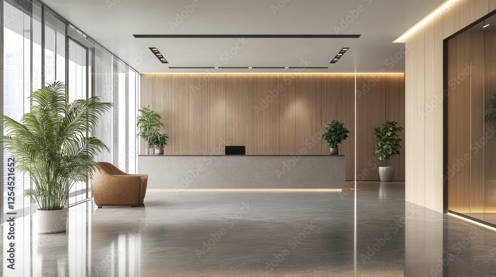 Fototapeta premium Modern Office Lobby with Wooden Wall and Reception Desk