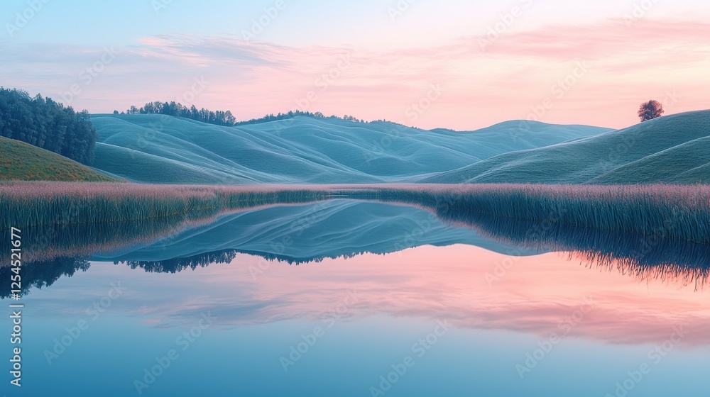 Fototapeta premium Serene Sunrise Over Rolling Hills Reflected in Calm Water