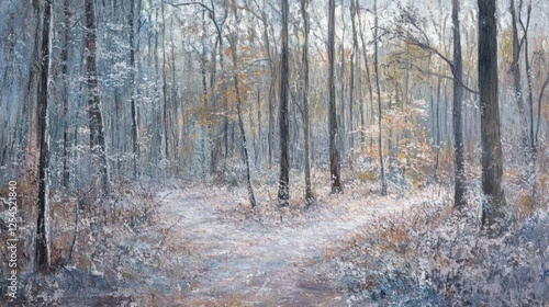 Frosty winter forest path, sunlight, calm scene, nature print