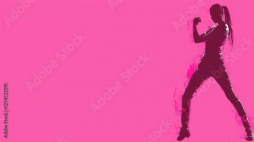 Powerful woman, martial arts pose, pink background, fitness motivation