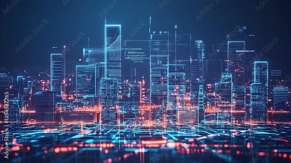 Fototapeta premium Digital Metropolis: A futuristic cityscape illuminated by vibrant neon lines and digital code, representing technological advancement and urban innovation.