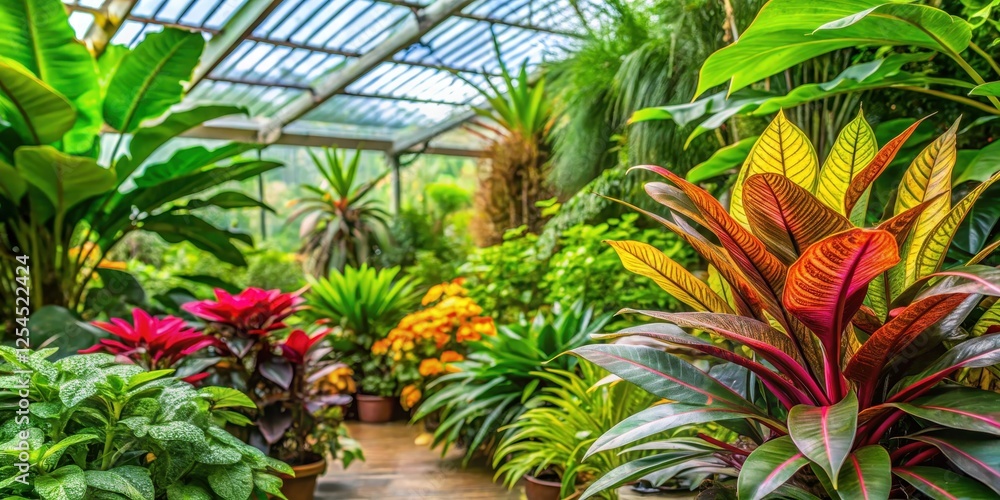 Obraz premium Exotic lush tropical green plant surrounded by vibrant colorful botanicals in a large greenhouse garden environment