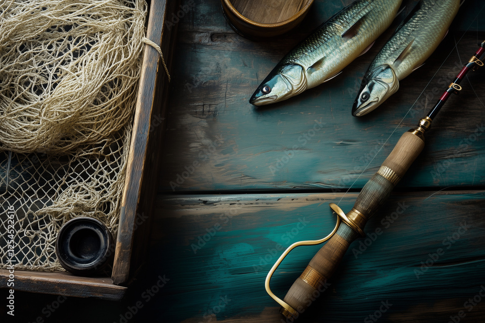 Naklejka premium Fishing rod, tackle, and fish on an old antique fisherman wooden table background.