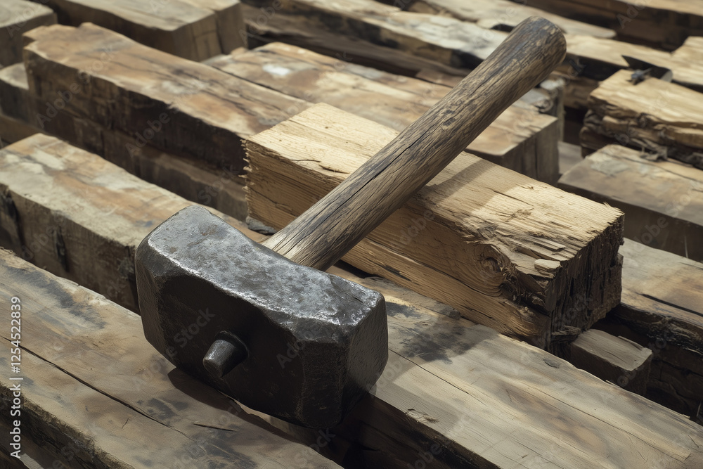 Hammer and wooden planks bars on a carpenter workbench background, woodworking. Hammer and wooden planks bars on a carpenter workbench background, woodworking.