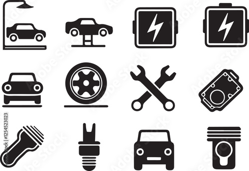 Vector Set of Black Automotive Icons for Repair and Maintenance