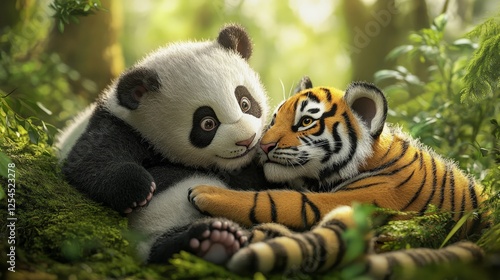 A baby panda and a tiger cub playing together in the jungle photo