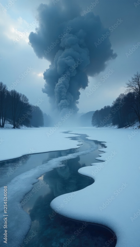 Obraz premium A black cloud of smoke hangs above a frozen lake, serene, peaceful, solitude