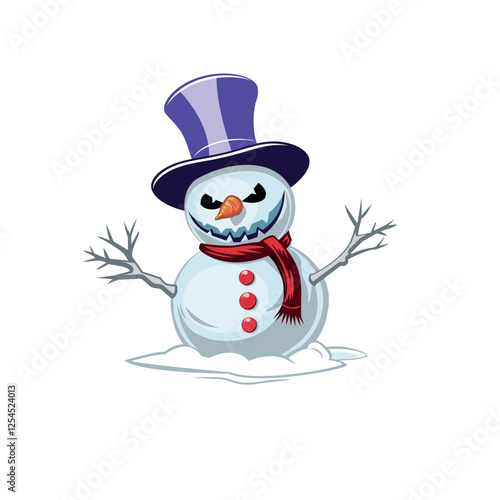 Evil creepy snowman in a high hat isolated on white background.	
