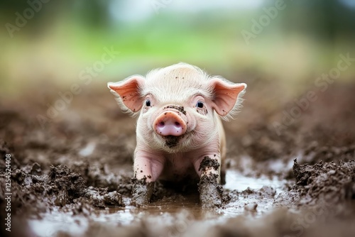 A baby piglet playing in the mud, photo