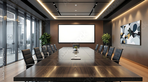 Modern conference room featuring a long table, chairs, a blank projection screen, and a distinctive illuminated ceiling. Ideal for corporate visuals, business presentations, or showcasing interior arc