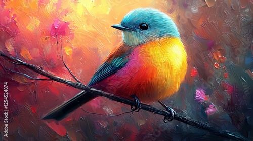 Abstract animal little Bird portrait with multi colored colorful on wings and feathers paint, Vibrant bright gradients tone