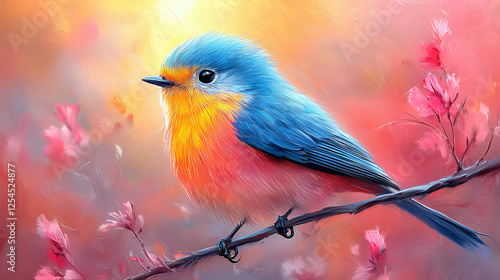 Abstract animal little Bird portrait with multi colored colorful on wings and feathers paint, Vibrant bright gradients tone