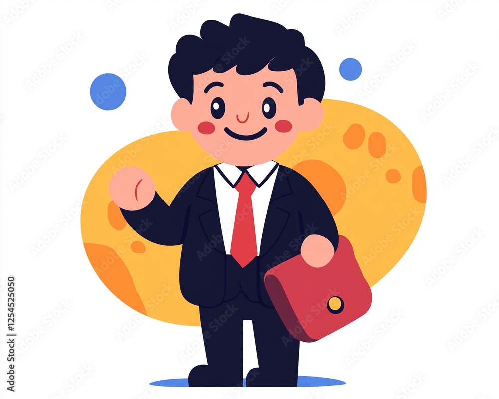 A cheerful cartoon businessman in a suit, holding a briefcase, representing professionalism and positivity in the workplace. A cheerful cartoon businessman in a suit, holding a briefcase, representing professionalism and positivity in the workplace.