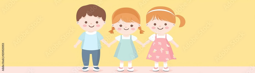 Happy children holding hands, yellow background, friendship, preschool Happy children holding hands, yellow background, friendship, preschool