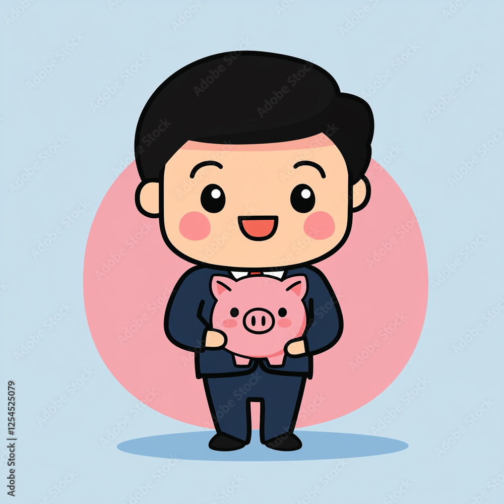 A cheerful cartoon character in a suit holding a piggy bank, representing finance and savings.
