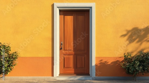 Wooden Door on a Yellow Wall