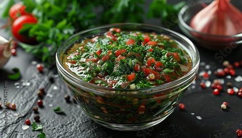 Glass bowl of delicious adjika sauce with parsley, tomatoes and spices on black table photo