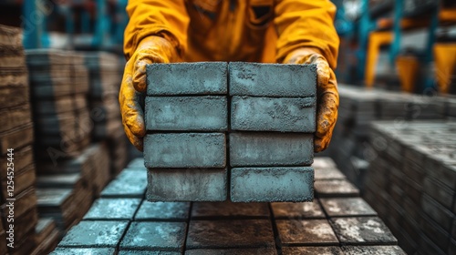 Worker's hands holding a stack of grey paving stones.