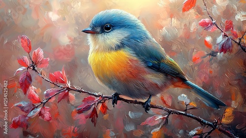 Abstract animal little Bird portrait with multi colored colorful on wings and feathers paint, Vibrant bright gradients tone