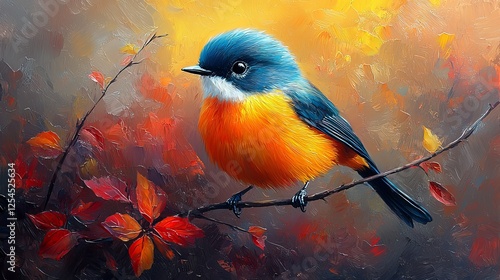 Abstract animal little Bird portrait with multi colored colorful on wings and feathers paint, Vibrant bright gradients tone
