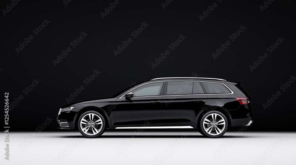 Black luxury station wagon, side profile, dark studio. Transport advertisement Black luxury station wagon, side profile, dark studio. Transport advertisement