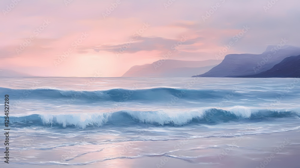 Naklejka premium Serene Seascape Painting of Ocean Waves at Sunset with Distant Mountains and Soft Pastel Sky