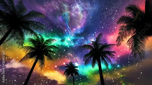 Vibrant cosmic sky illuminated by colorful auroras over silhouetted palm trees at night
