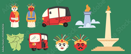 Jakarta Indonesia Objects for Jakarta Anniversary Celebration, Ondel-ondel, Monas, Bajaj Illustration photo