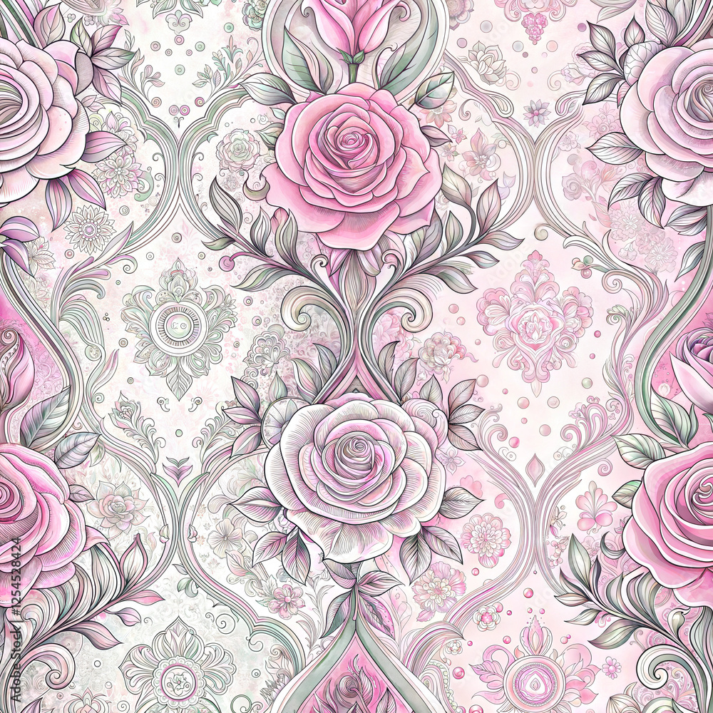 Rococo elegant floral pattern with soft pink and white roses and intricate ornamental details for vintage decor Rococo elegant floral pattern with soft pink and white roses and intricate ornamental details for vintage decor
