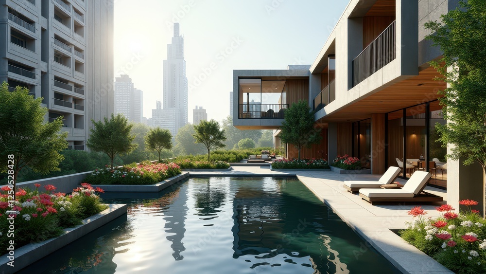 Obraz premium Spacious rooftop garden with lush greenery, water feature, and modern city skyline 