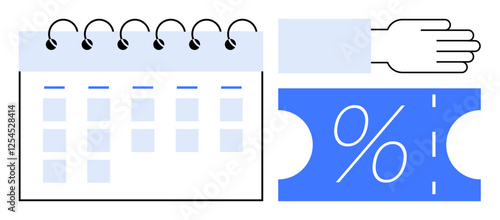 Calendar with spiral binding, hand, and blue ticket displaying a percent sign. Ideal for organization, planning, scheduling, time management, productivity discounts promotions. Abstract line flat