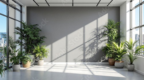 Interior space featuring a gray wall, large windows casting shadows, and several potted plants. Use for interior design, backgrounds, or to convey a sense of calm and natural elements indoors.

