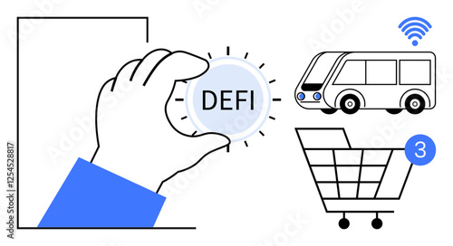 Hand pressing DeFi button, smart bus with wireless signal, shopping cart with item notification. Ideal for fintech, smart transportation, e-commerce, innovation, digital networks, tech integration
