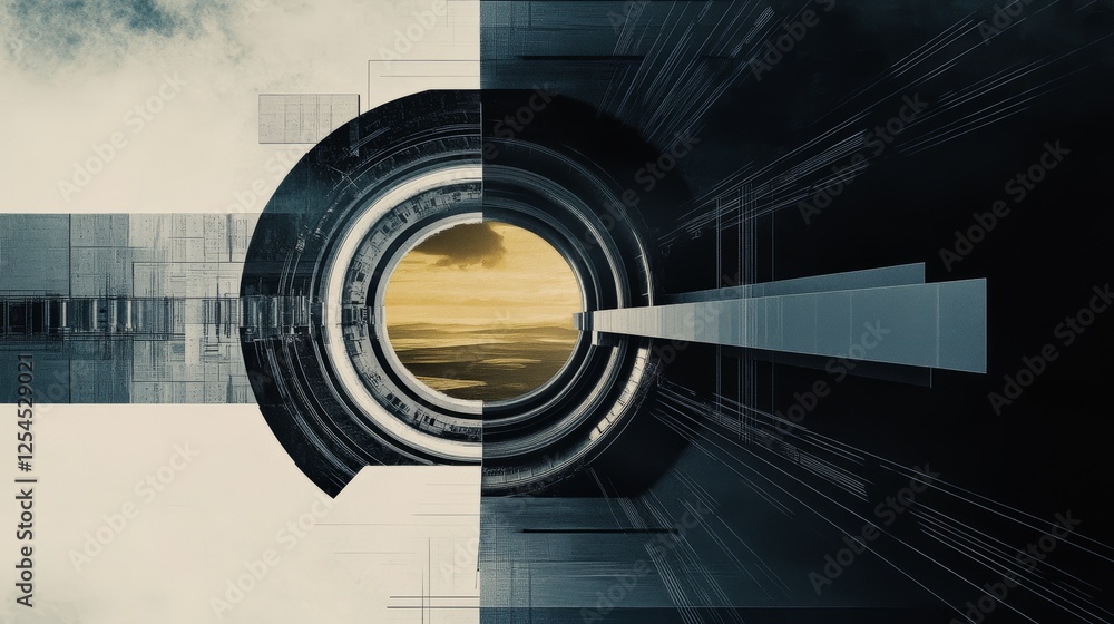 Fototapeta premium Abstract digital art depicting a futuristic portal revealing a serene landscape. Contrasting colors and textures create a captivating visual.