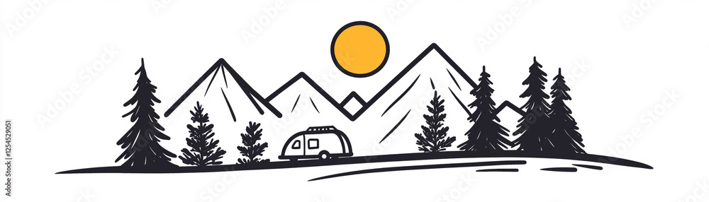 Obraz premium A serene landscape featuring mountains, a camper, and a vibrant sun, perfect for adventure and nature enthusiasts.
