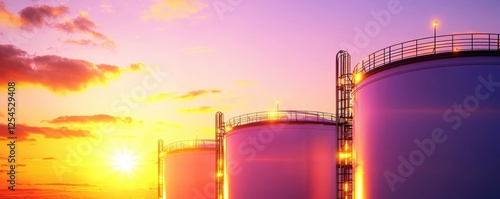 Industrial landscape with oil tanks at sunset creating a vibrant and colorful atmosphere