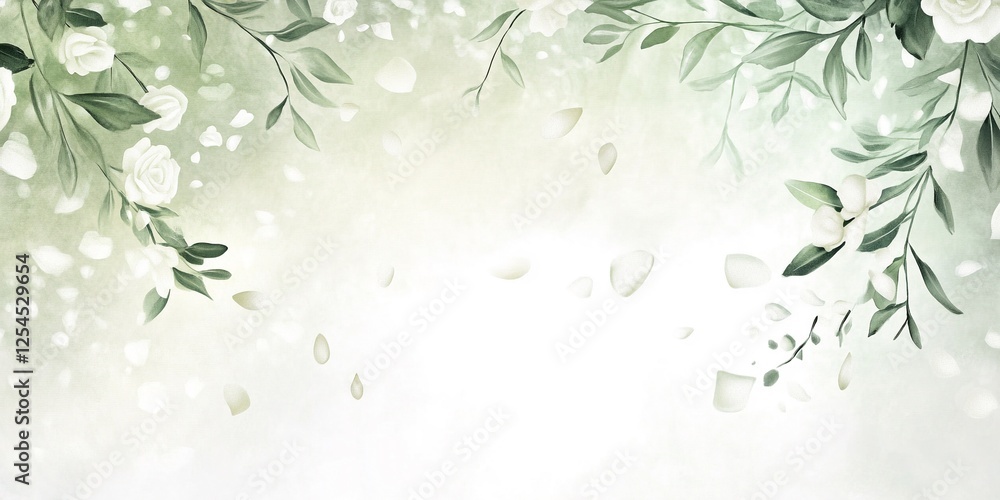 Romantic White and Green Background with Hand-Painted Olive Branches and Delicate White Rose Petals, Soft Blurred Edges and Copy Space Romantic White and Green Background with Hand-Painted Olive Branches and Delicate White Rose Petals, Soft Blurred Edges and Copy Space