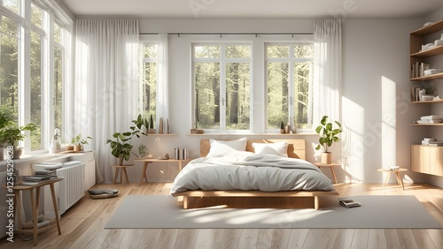 A serene bedroom with natural light, plants, and a calming atmosphere.