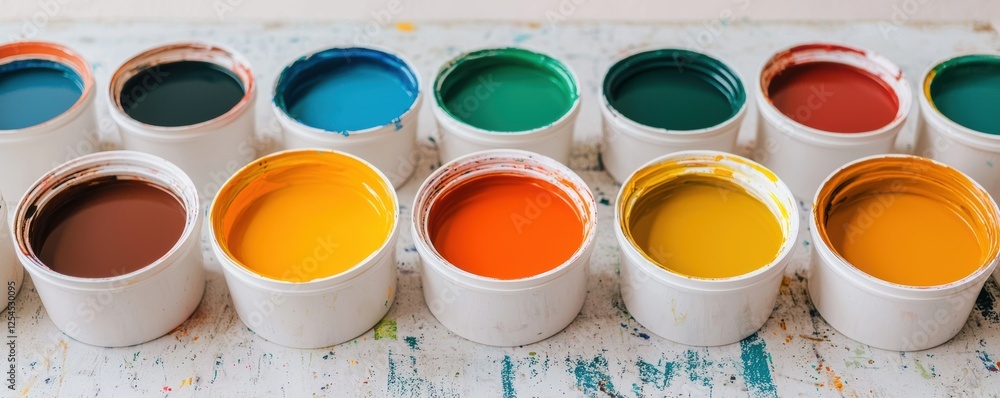 A colorful array of paint cans arranged neatly, showcasing vibrant hues perfect for artistic projects. A colorful array of paint cans arranged neatly, showcasing vibrant hues perfect for artistic projects.