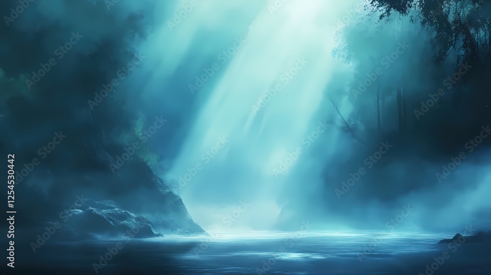 Fototapeta premium Mysterious Blue Lake Surrounded by Forest with Light Rays Shining Through the Mist