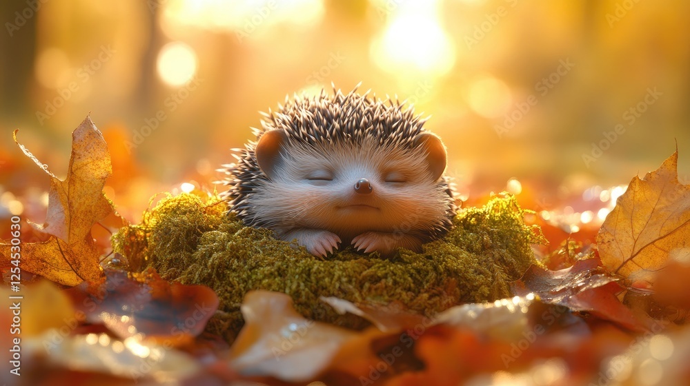 A peaceful hedgehog nestled in a mossy bed surrounded by colorful autumn leaves in a serene forest A peaceful hedgehog nestled in a mossy bed surrounded by colorful autumn leaves in a serene forest