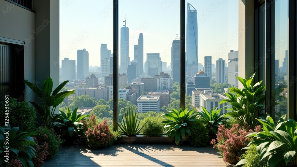 Fototapeta premium Rooftop garden with lush greenery and panoramic city skyline view through glass 