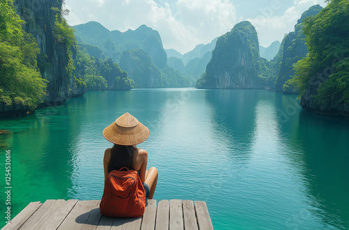 Wallpaper Mural Traveler sitting on a wooden dock, wearing a straw hat and red backpack, admiring the stunning green limestone mountains of Phang Nga Bay. A serene and picturesque travel scene capturing adventure, Torontodigital.ca