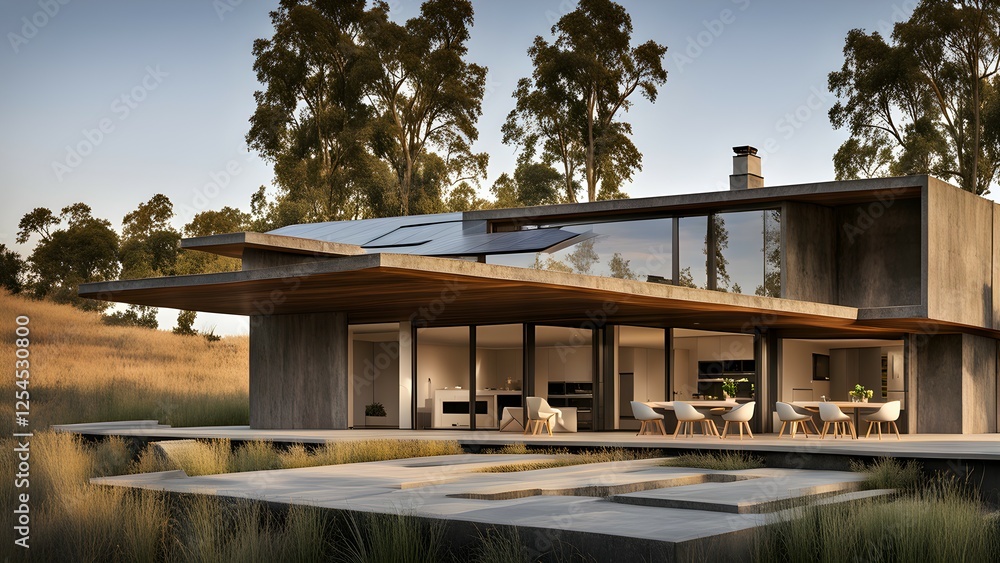 Modern house with large windows and outdoor seating amidst natural surroundings. Modern house with large windows and outdoor seating amidst natural surroundings.